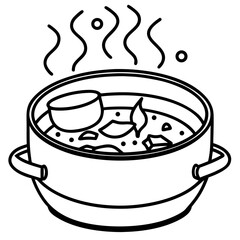 A pot of hot soup with vegetables