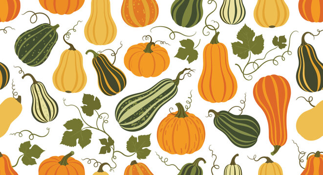 Vibrant autumn seamless pattern featuring a variety of colorful pumpkins and gourds with green leaves and curly tendrils.