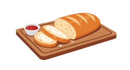 A freshly baked loaf of bread, partially sliced, rests on a rustic wooden cutting board alongside a small bowl of red dipping sauce.
