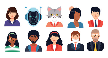 A collection of diverse user avatars and profile pictures featuring men, women, a robot, and a cat, suitable for online platforms.