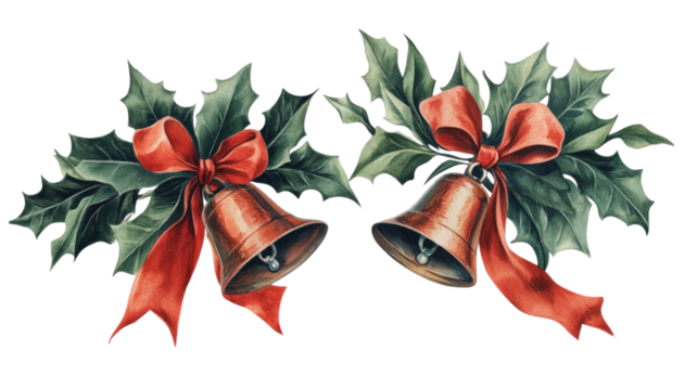 Two Christmas bells with festive golden shine and decorative details, perfect for holiday celebrations and seasonal visuals isolated on white background - Powered by Adobe
