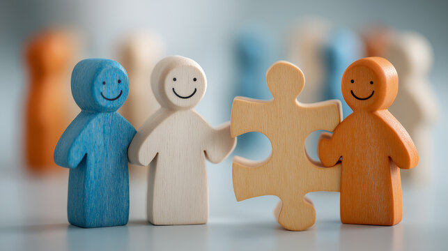 Abstract colorful human figure walk interconnect puzzle piece teamwork connection problem solving. - Powered by Adobe