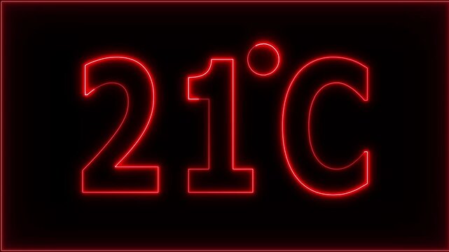 Neon 21&deg;C temperature display showing on black background. Weather temperature displays by degree, climate change, Scientific designs.