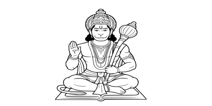 Seated Lord Hanuman Meditating with Gada, Abhaya Mudra, Hindu Deity Line Art Vector Illustration