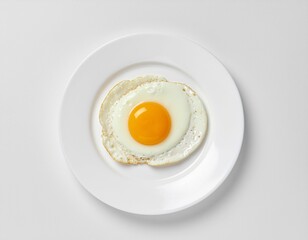 Fried egg on a white plate with yellow yolk is a healthy breakfast food ingredient