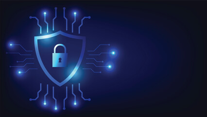 digital padlock with shield and futuristic circuit board on blue background with copy space. cyber security and internet fraud prevention