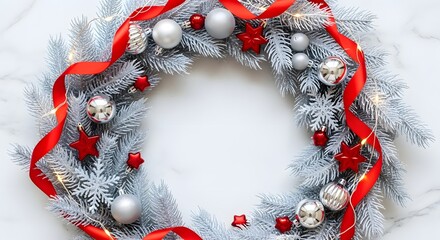 Festive silver tinsel christmas wreath with red ribbon and ornaments