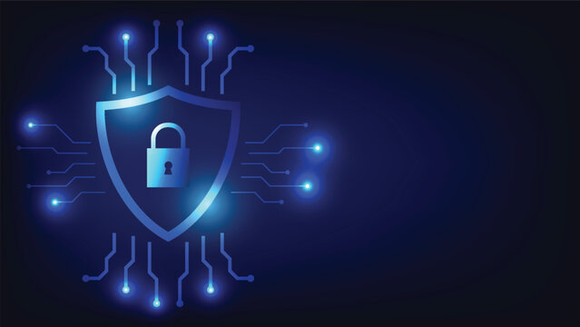 digital padlock with shield and futuristic circuit board on blue background with copy space. cyber security and internet fraud prevention