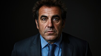 Dramatic studio portrait of a serious and powerful middle-aged man in a suit, looking intently at the camera with a confident expression