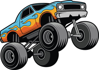 Colorful monster truck illustration with bold flame graphics, oversized wheels, extreme off-road action, dynamic jump motion, and powerful automotive design