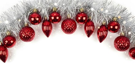 Shiny red christmas ornaments dangle from silver tinsel garland