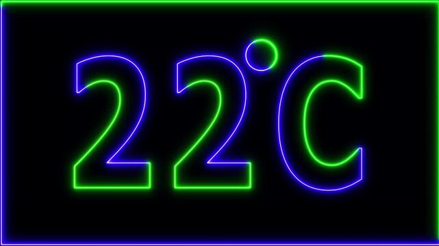 Neon 22&deg;C temperature display showing on black background. Weather temperature displays by degree, climate change, Scientific designs.