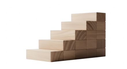 Wooden blocks arranged as a staircase on a clean background, symbolizing progress
