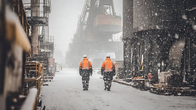 Workers Walking in Snowy Industrial Setting with Cranes and Structures