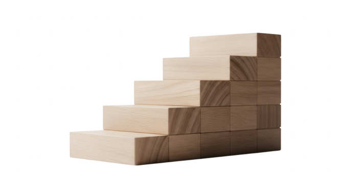 Wooden blocks arranged as a staircase on a clean background, symbolizing progress