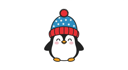 A cute penguin wearing a blue and red winter hat with stars, isolated on a, perfect for winterthemed designs and holiday illustrations
