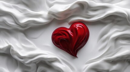 Symbol of love a deep red heart sculpture nestled within the gentle folds of pure white silk drapery