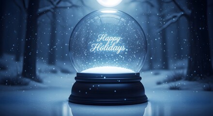 Magical snow globe with happy holidays message in snowy forest