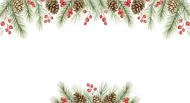 Festive pine branches with pinecones and red berries border