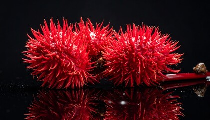 Close-up of bright red, spiky seed pods against black backdrop
