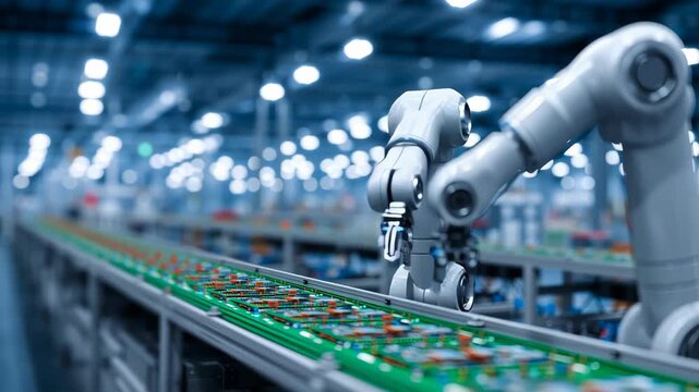 Robotic arm automation assembly line with circuit board electronics, precision conveyor technology powering factory industry production flows industrial manufacturing efficiency, calm focus
