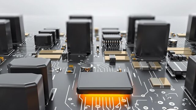 Electronic motherboard landscape closeup micro circuit board chip technology hardware glowing trace central chip futuristic detail precision engineering high tech surface industrial design sleek