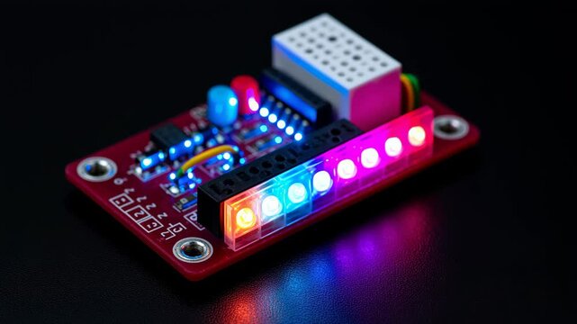 Colorful LED array microcontroller board sensor module circuit board electronic component closeup red PCB multicolor light black background DIY kit glow softly compact circuit board, with neat