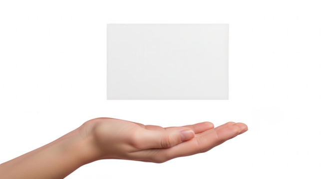 Open human hand presenting a blank white business card or sign for copy space.