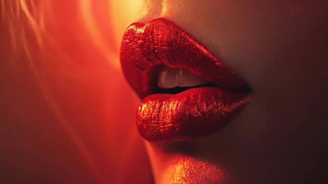 Close-up of red lips with light reflecting on the skin.