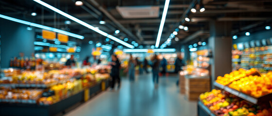 Abstract blurred bokeh supermarket interior with colorful lights and produce displays