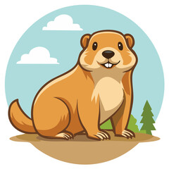 Adorable cartoon groundhog or woodchuck sitting outdoors smiling cheerfully