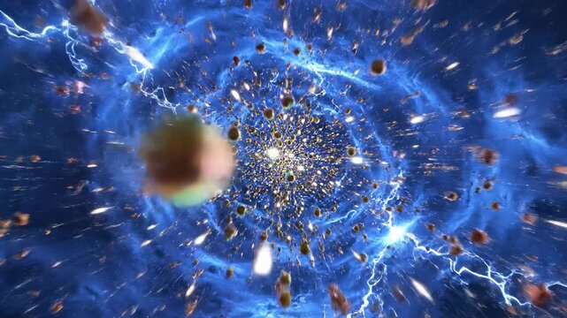 Microscopic view of glowing subatomic particles moving rapidly within a vibrant blue energy field of chaotic atomic activity quantum, fluorescence, particles