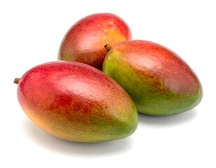 Three ripe, colorful fruits with smooth skin, presented on white