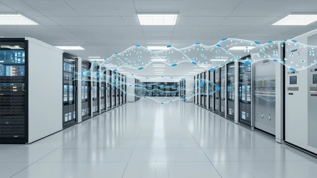 Futuristic data center server room network technology ai cloud cybersecurity blue corridor white floor with sleek racks and glowing panels conveying secure high speed connection and modern storage - Powered by Adobe