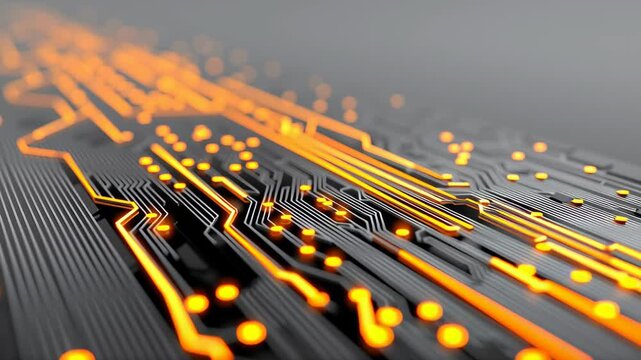Neon circuit board technology future glow pattern abstract chip data flow black surface with vibrant orange lines and bokeh dots, glowing futuristic electronic pathway, high tech cyber grid pulsing