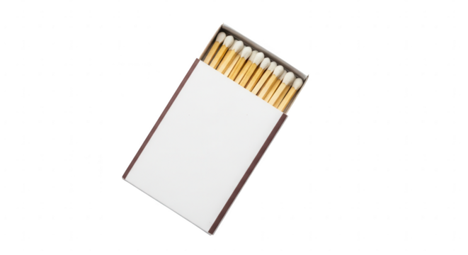 Open box of new wooden matches with white tips ready for ignition on a clean surface.