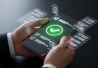 Hands holding smartphone with digital checklist and checkmark mobile phone to-do list isolated on a transparent background