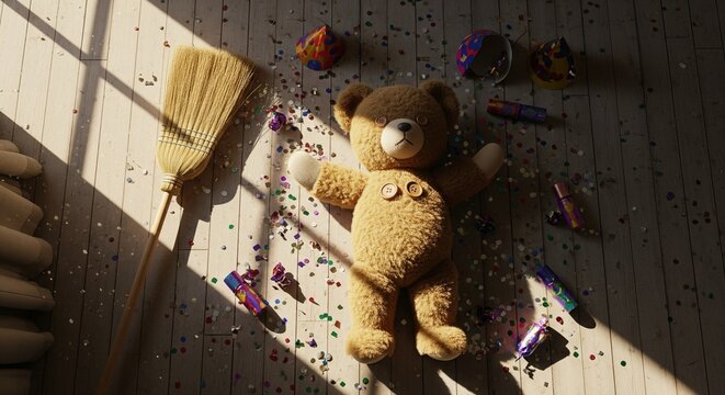 The Morning After: Teddy Bear in Party Aftermath
