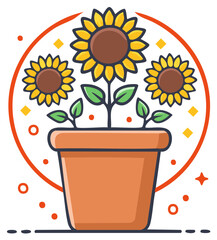 Obraz premium Three Sunflowers in Terracotta Pot with Decorative Accents Flat Design