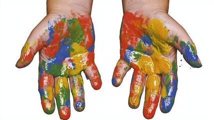 A close-up view of a young child's open palms completely covered in a vibrant and messy mixture of multi-colored paint from an art activity