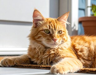 Close-up of an orange fluffy cat lounging on a mat in sunlight