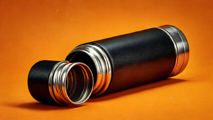 Sleek black leather thermos with brushed metal accents, perfect for adventurers and professionals on the go, keeping beverages hot or cold.