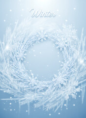 Elegant Winter Frame Template with Frosted Paper Cut Snowflakes and Pine Needles - Blue Silver Holiday Border Design, wallpaper