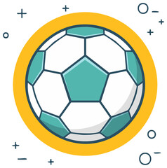 Stylized soccer ball surrounded by yellow circle with abstract white decorations