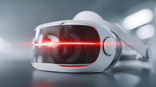 Futuristic virtual reality headset with glowing red visor technology cyber device, immersive gaming gadget sleek white design glossy visor beam bright tunnel, modern minimal closeup macro sensor