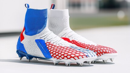 Stylish Football Boots with a Dynamic Red, White, and Blue Design and Extended Ankle Support for Optimal Athletic Performance