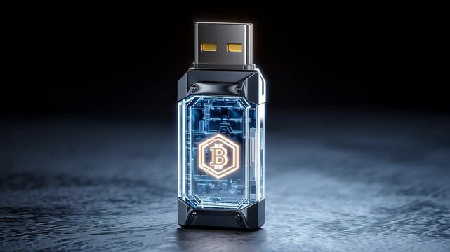 Futuristic encrypted usb drive digital security with transparent casing and blue glow, macro detail data protection cyberpunk style tech gadget crypto security neon glow metal glass blend