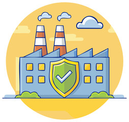 Industrial Factory Building with Shield and Checkmark for Safety and Compliance