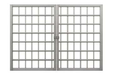 Prison cell bars with closed gate representing confinement, security, and restriction, transparent background