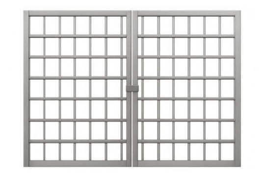 Prison cell bars with closed gate representing confinement, security, and restriction, transparent background